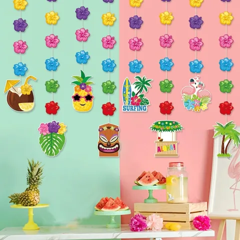 Hawaiian Party Hanging Decor Tropical Hibiscus Flower Garlands Cardstock Flamingo Pineapple Tiki Summer Beach Ornaments