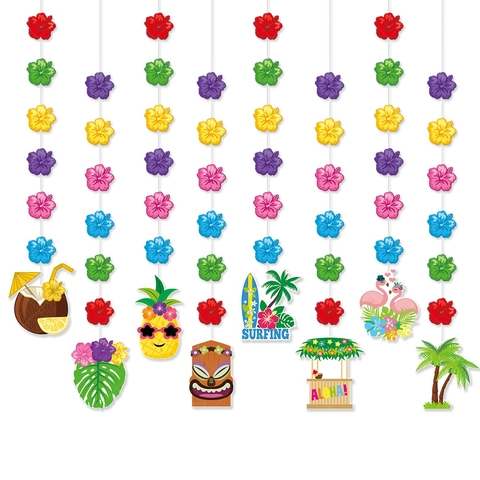 Hawaiian Party Hanging Decor Tropical Hibiscus Flower Garlands Cardstock Flamingo Pineapple Tiki Summer Beach Ornaments