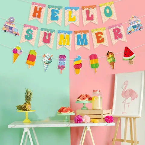 Striscione Per Feste Hello Summer Carta Cartone Gelato Ciambella Decorazione Appesa Hawaii Spiaggia Tropicale Compleanno