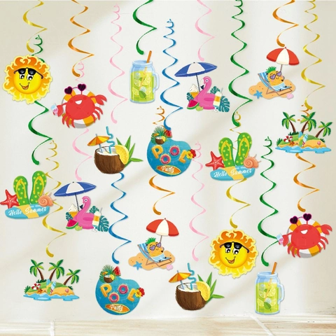 Summer Hawaii Pool Party Hanging Swirls Tropical Flamingo Pineapple Sun Ceiling Decorations Cardstock PVC Plastic Decor