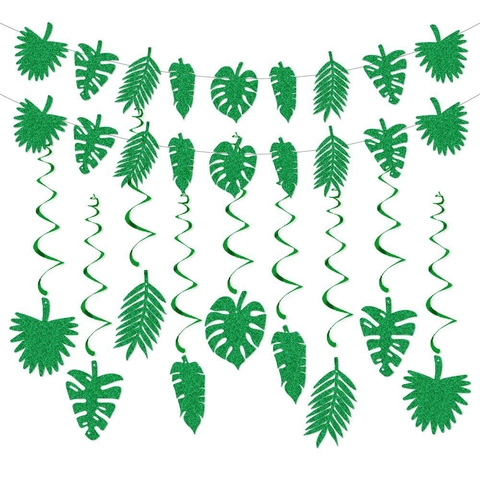 Tropische Blätter Banner Wirbel Hängedekoration Hawaii Sommer Strandparty Glitzer Grün Monstera Palme Blatt Ornamente