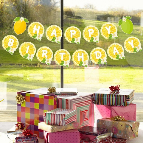 Lemon Birthday Party Decorations Summer Fruit Theme Paper Banner And Cake Topper Glitter Gold Yellow Green