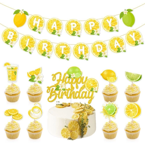 Lemon Birthday Party Decorations Summer Fruit Theme Paper Banner And Cake Topper Glitter Gold Yellow Green