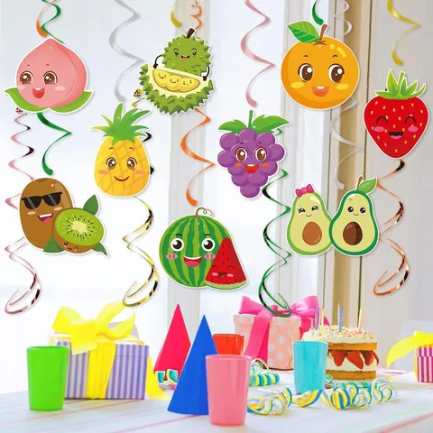 Fruit Party Hanging Swirl Decorations Cardboard PVC Spiral Cartoon Fruit Birthday Decor For Kids