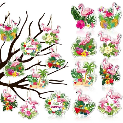 Étiquettes Suspendues Fête Été Flamant Rose Feuilles Tropicales Ananas Ornements Carton Décoration Événement Anniversaire