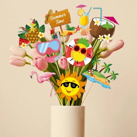 Décorations de Fête Hawaïennes Thème Plage d'Été Accessoires de Photobooth Flamant Rose Ananas Île Tropicale Inserts de Vase pour Anniversaire