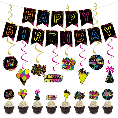 Set Decorazioni Festa Compleanno Neon Fluorescente Banner Happy Birthday Spirali Pendenti Cake Topper Articoli per Feste