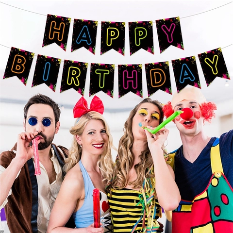 Set Decorazioni Festa Compleanno Neon Fluorescente Banner Happy Birthday Spirali Pendenti Cake Topper Articoli per Feste