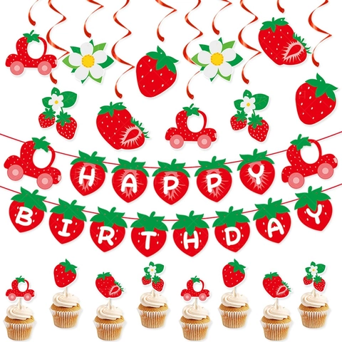 Erdbeer Motto Geburtstagsparty Dekorationen Karton Banner PVC Wirbel Hängende Kuchen Topper Süße Cartoon Kinder Sommer Event Deko