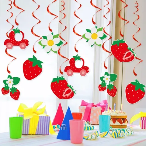Erdbeer Motto Geburtstagsparty Dekorationen Karton Banner PVC Wirbel Hängende Kuchen Topper Süße Cartoon Kinder Sommer Event Deko