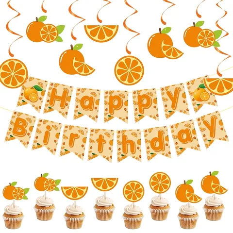 Orange Thema Geburtstagsparty Dekoration Karton PVC Banner Hängende Wirbel Cupcake Topper Sommer Frucht Stil