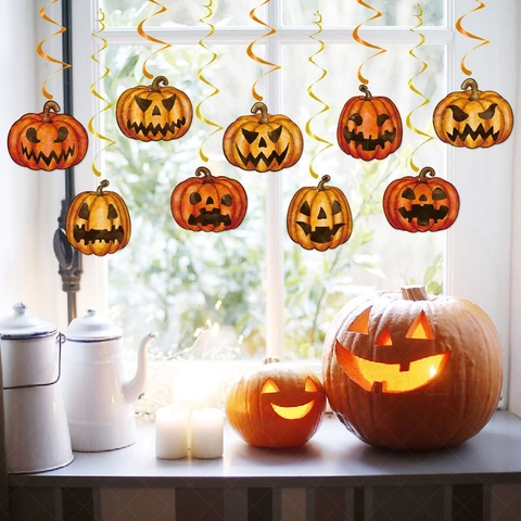 Halloween Pumpkin Banner And Hanging Swirls Decorations Jack-O-Lantern Paper Plastic Party Ornaments Orange