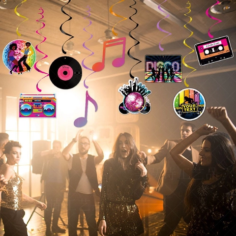 Retro Disco Party Hanging Swirl Decorations Music Theme Cardstock PVC Ceiling Streamers Record Cassette Ornaments