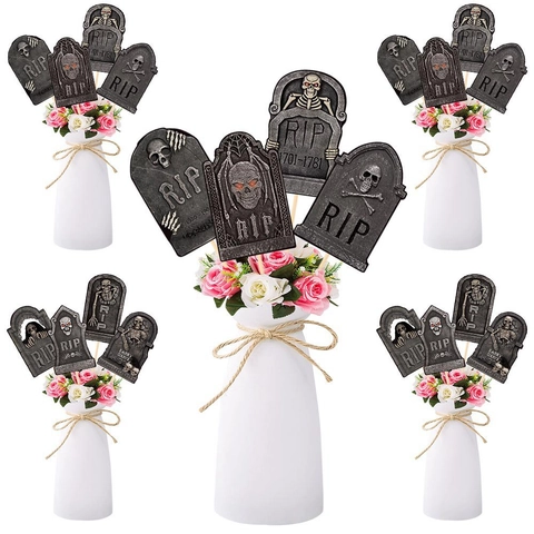 Halloween Tombstone Vase Toppers Paper Cardstock RIP Skeleton Spider Design DIY Party Decoration Horror Grave Props
