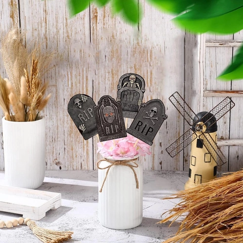 Halloween Tombstone Vase Toppers Paper Cardstock RIP Skeleton Spider Design DIY Party Decoration Horror Grave Props