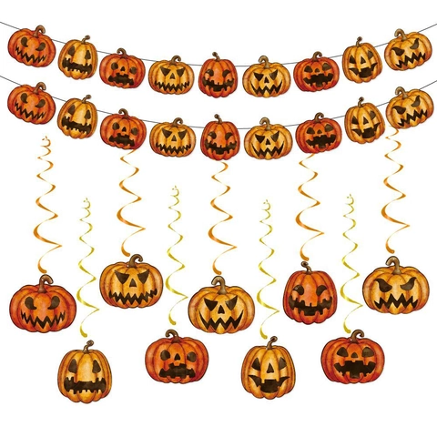 Halloween Pumpkin Banner And Hanging Swirls Decorations Jack-O-Lantern Paper Plastic Party Ornaments Orange