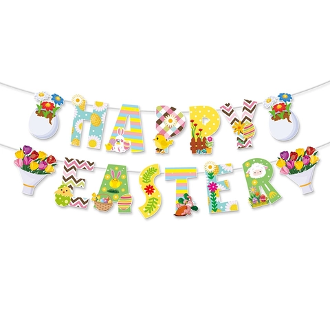 Banner Buona Pasqua Carta Cartone Coniglio Uovo Pulcino Margherita Primavera Festa Decorazione Ghirlanda