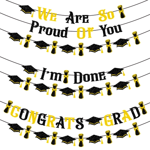 Graduation Banner Congrats Grad Glitter Paper Bunting Garland For Party Decor Graduation Cap Design Black Gold