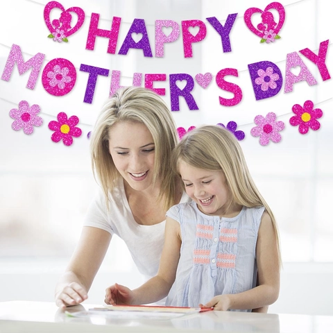 Happy Mother's Day Banner E Ghirlanda Di Fiori In Carta Glitterata Decorazione Per Feste DIY Per Celebrazione Mamma