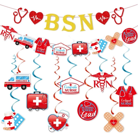 Nurse Graduation Banner Hanging Decorations Glitter Cardboard PVC Spiral BSN RN Nursing School Party Decorations Celebratory Atmosphere