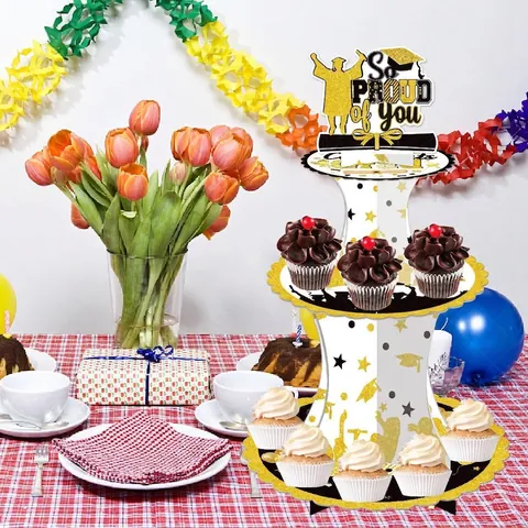 Mehrstöckiger Cupcake-Ständer Papier Karton Abschlussfeier Dekoration Goldfolie Druck Glückwunsch Abschluss Halter Display