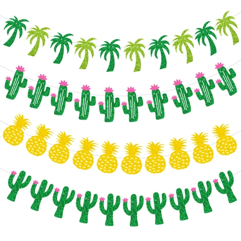 Tropical Party Banner Garland Glitter Paper Pineapple Cactus Coconut Tree Flamingo Summer Hawaii Luau Birthday Decoration