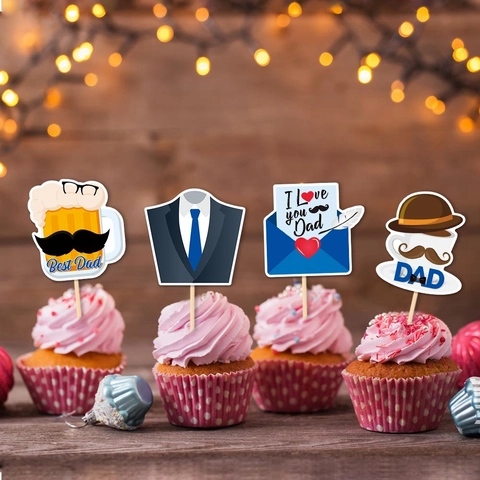 Fathers Day Cake Toppers Paper Cardstock Mustache Beer Mug Suit Tools Decor For Dad Birthday Party