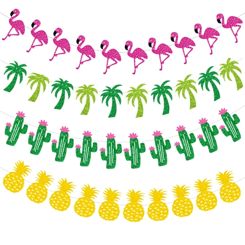 Tropical Party Banner Garland Glitter Paper Pineapple Cactus Coconut Tree Flamingo Summer Hawaii Luau Birthday Decoration