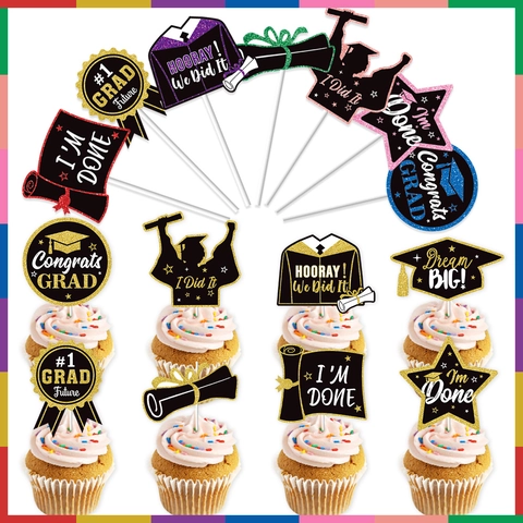 Graduation Cupcake Toppers Paper Glitter Bachelor Cap Diploma Decor For Congrats Grad Celebration Party Accessory