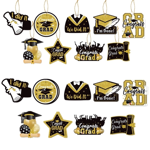 Glitter Cardboard Graduation Party Hanging Tags Ornaments Graduation Cap Diploma Stars Decor With Twine Celebration