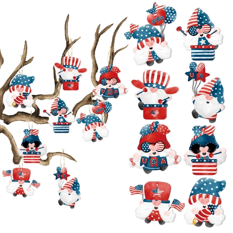 Gnome Hanging Tags July 4th Patriotic Decorations Cardstock Ornaments Star Stripes Red White Blue Party Decor