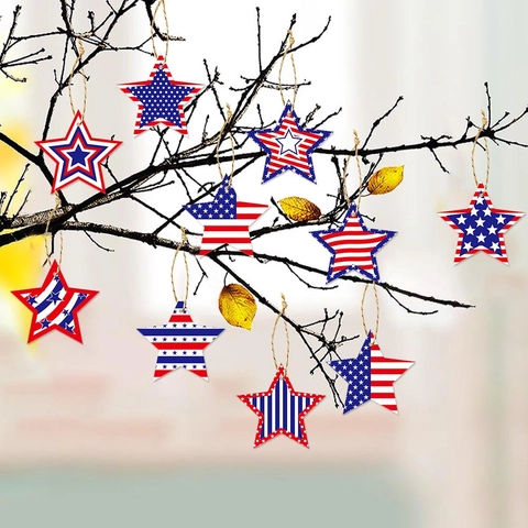 Independence Day Star Hanging Ornaments Cardboard Red White Blue American Flag Theme Party Decoration With Hemp Rope