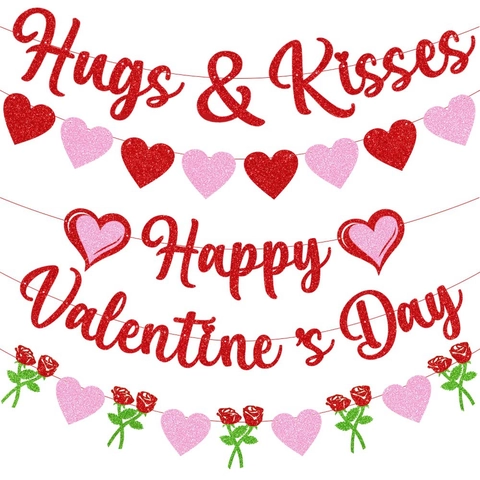 Valentine's Day Banner Glitter Cardstock Heart Rose Hugs And Kisses Garland Party Hanging Decoration Wedding Props