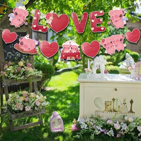 Διακοσμήσεις Πάρτι Αγίου Βαλεντίνου Πανό LOVE Καρδιά Γουρούνι Topper Τούρτας Ρομαντικός Γάμος Διακόσμηση Σπιτιού Πάρτι
