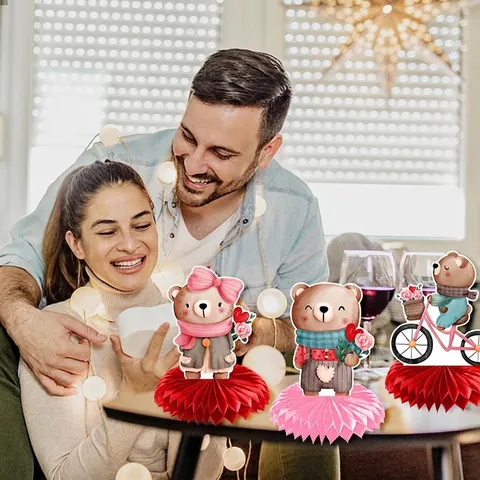 Décorations De Table En Nid D'Abeille Saint Valentin Papier Ours Dessin Animé Romantique Mariage Demande En Mariage Fête