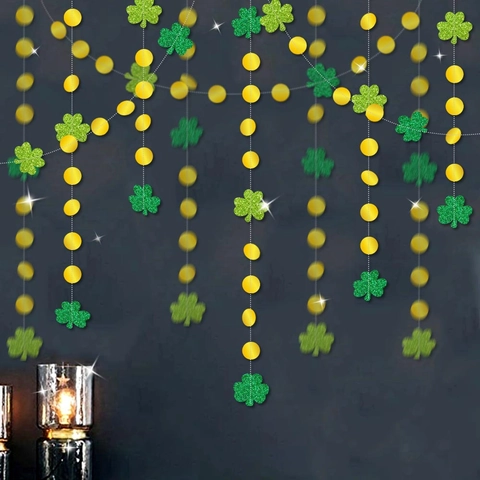 Decorazioni Appese St Patricks Ghirlanda Trifoglio Carta Luccicante Trifoglio Irlandese Cerchi Dorati Banner Festa