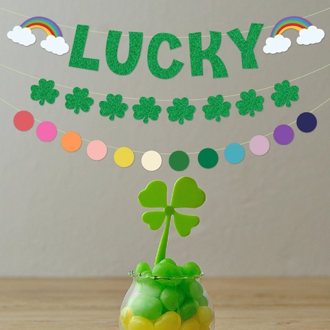 Banner San Patrizio Verde Glitter Lettere Lucky Ghirlanda Trifoglio Arcobaleno Punto Bandierine Decorazione Festa