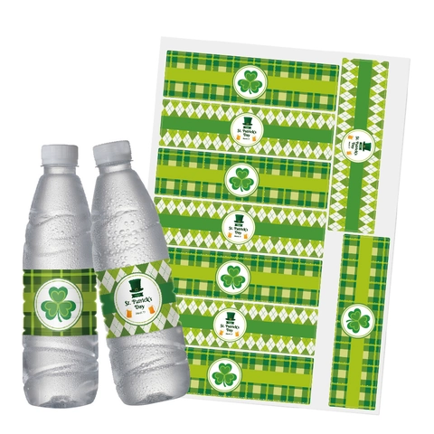 St Patricks Day Wasserflaschen Aufkleber Wasserdicht PVC Kleeblatt Grün Plaid Irisches Festival Party Dekoration Etiketten