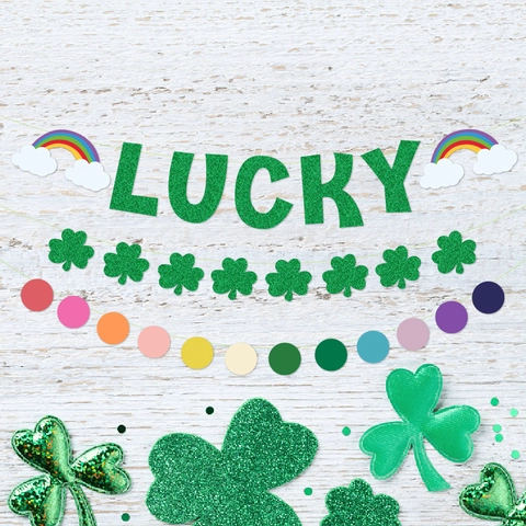 Banner San Patrizio Verde Glitter Lettere Lucky Ghirlanda Trifoglio Arcobaleno Punto Bandierine Decorazione Festa