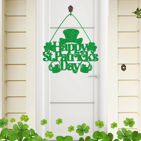 Decorazione Da Porta Happy St Patrick's Day Carta Luccicante Verde Trifoglio Cappello Birra Segno Parete