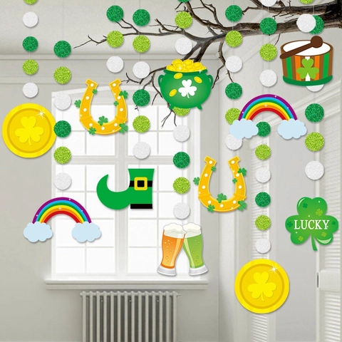 Decorazioni Appese San Patrizio Carta Glitter Trifoglio Fortunato Decorazione Festa Irlandese Verde Oro Pendenti Festivi