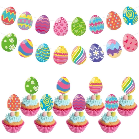 Pasen Feest Decoratie Banner En Taart Toppers Papier Kleurrijke Geschilderde Ei Slinger Konijn Carnaval Thema Dessert Accessoires