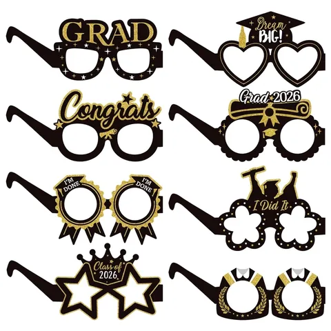 Occhiali Per Festa Di Laurea Puntelli Foto Carta Glitterata Nera Oro Corona Tocco Celebrazione Classe Di Laurea
