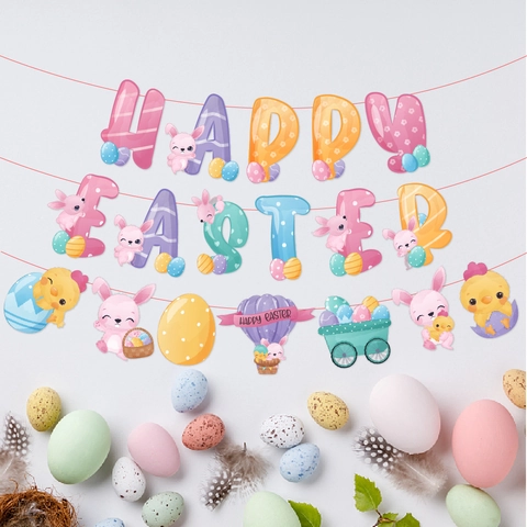 Easter Party Decoration Banners Paper Bunny Colorful Eggs Happy Birthday Garlands For Carnival Festive Celebration