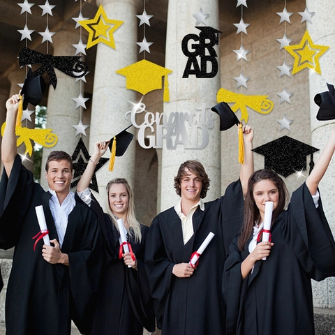 Graduation Hanging Decorations Glitter Paper Stars Mortarboard Graduation Party Backdrop Ornaments Celebratory
