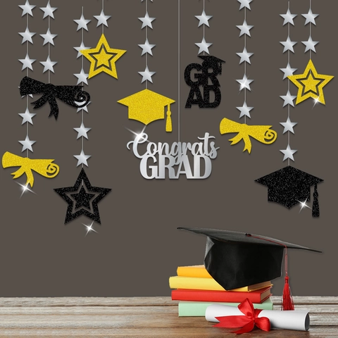 Graduation Hanging Decorations Glitter Paper Stars Mortarboard Graduation Party Backdrop Ornaments Celebratory