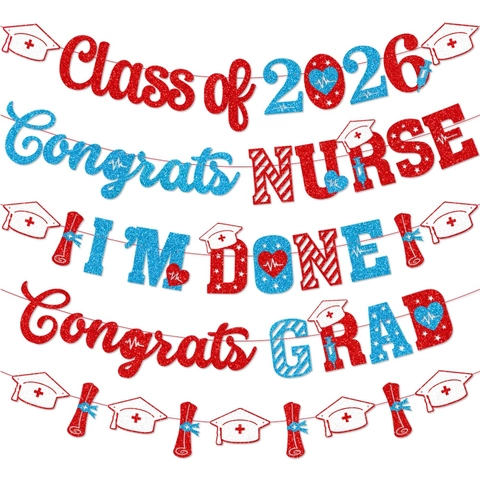 Nurse Graduation Banner Congrats Nurse Class Of 2026 Glitter Cardstock Medical Theme Party Decor Nurse Cap Heartbeat