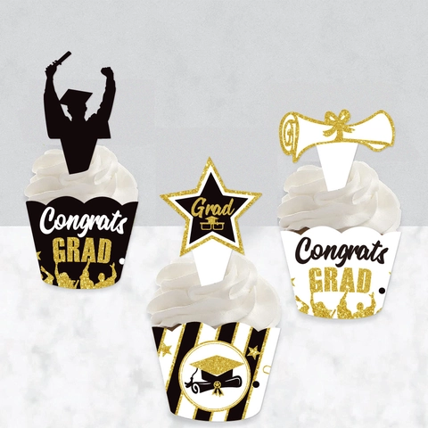 Graduation Cupcake Toppers And Wrappers Paper Glitter Congrats Grad Silhouette Theme Party Cake Decorations Black Gold