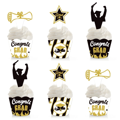 Graduation Cupcake Toppers And Wrappers Paper Glitter Congrats Grad Silhouette Theme Party Cake Decorations Black Gold