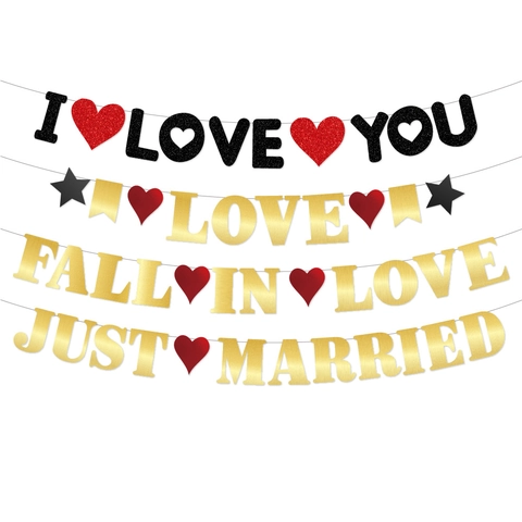 Banner San Valentino I Love You Just Married Ghirlanda Cuore Cartoncino Glitter Decorazione Matrimonio Festa